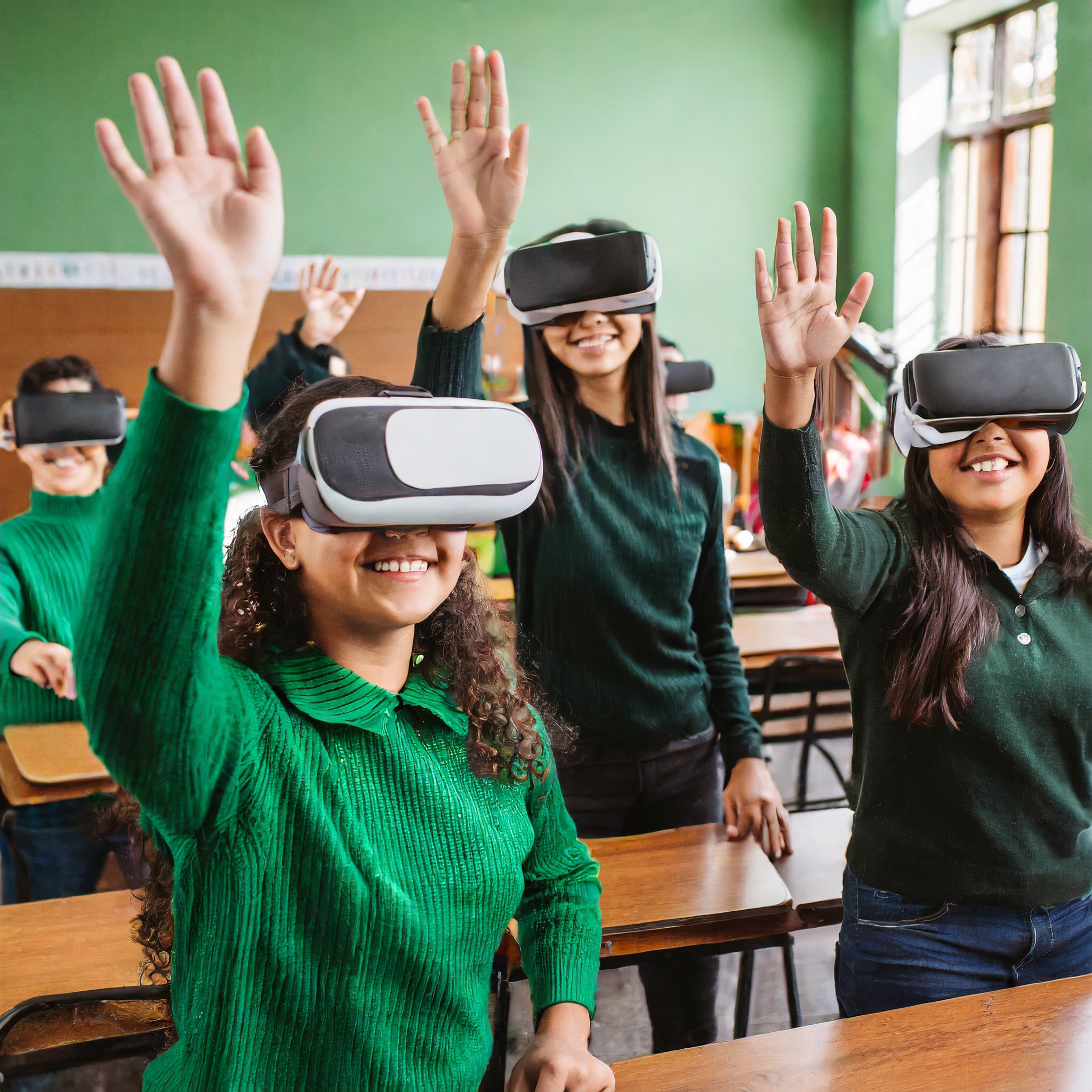 Firefly un grupo grande de adolescentes felices mexicanos con uniforme de secundaria sueter verde e